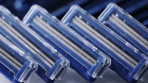 Blue razors, close-up. Sharp blades of razors. Stock Footage 318840660