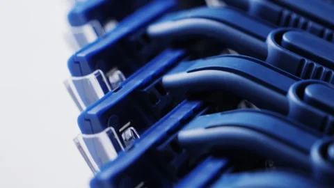Blue razors, close-up. Sharp blades of razors. Stock Footage 318840695