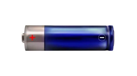 Blue realistic battery icon isolated on white background. Alkaline type AA. Stock Illustration