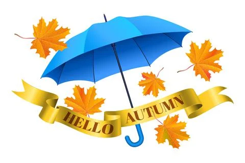 Blue realistic umbrella, falling orange maple leaves and golden ribbon Stock Illustration