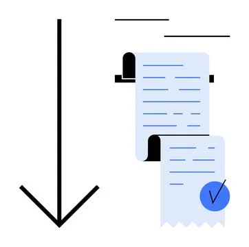A blue receipt with a check mark and a large downward arrow indicating comple 스톡 일러스트