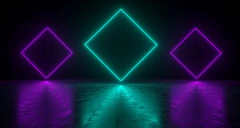 Blue Rectangle Shaped Neon Lights With Reflections On The Floor. 3D Rendering Stock Illustration