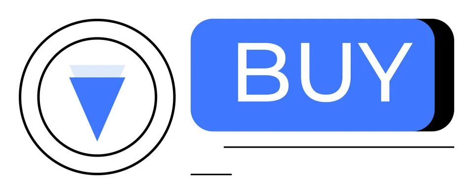 Blue rectangular button with the word BUY beside a downward pointing triangle Stock Illustration