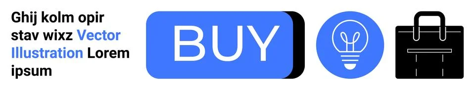 Blue rectangular buy button, blue round lightbulb icon, black briefcase icon, 스톡 일러스트