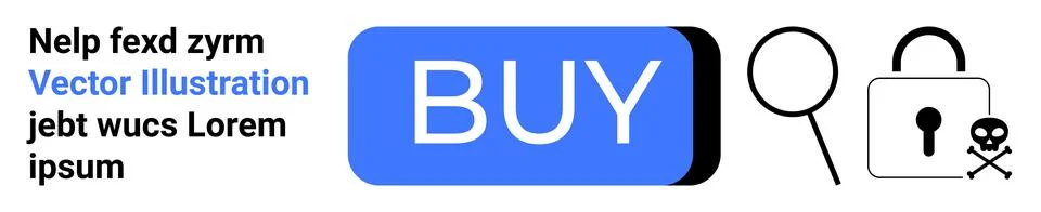 Blue rectangular BUY button, lock with skull symbol, magnifying glass. Ideal  스톡 일러스트