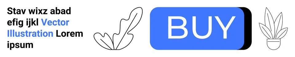 Blue rectangular BUY button, stylized plant drawings, and placeholder text. I Stock Illustration