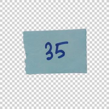 Blue rectangular paper note with the number thirty five written in dark blu.. Фото