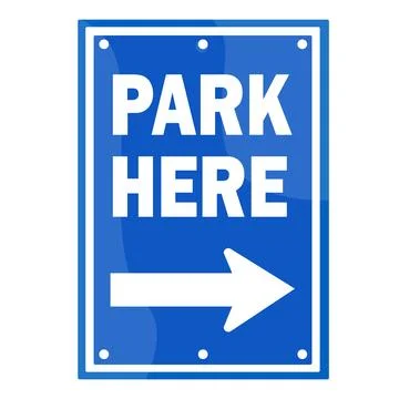 Blue Rectangular Parking Sign with White Text Park Here and a Rightward Arr.. Stock Illustration