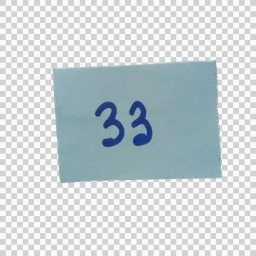 Blue rectangular sticky note paper with the number thirty three written in .. Stock-Fotos