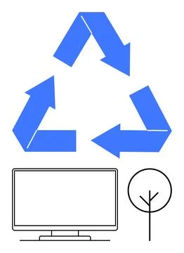 Blue Recycling Arrows Above Computer Screen and Simple Tree Outline - Promo.. Illustrazione stock