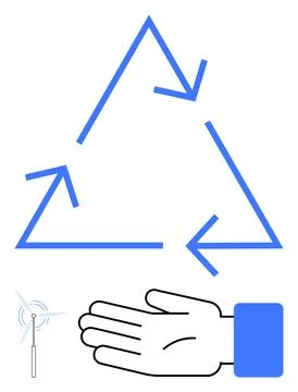Blue recycling arrows forming a triangle, open palm hand, and small wind turb Stock Illustration