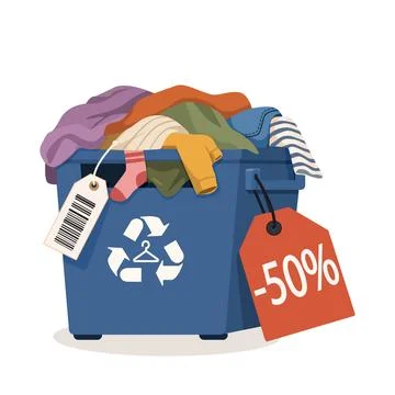 Blue recycling bin filled with second-hand clothes, sustainable fashion Stock Illustration