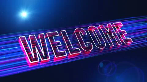 Blue Red 3d Perspective Welcome Lettering Dotted Lines Glitter Particle Breeze  Stock Illustration