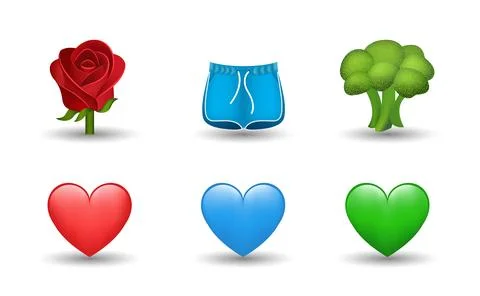 Blue, red and green heart, broccoli, shorts, red rose vector emoji illustration Stock Illustration