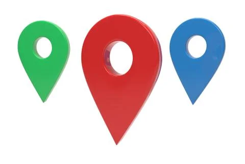 Blue, red and green map pointer 3d pin. Location symbol isolated on white Stock Illustration