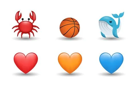 Blue, red and orange heart, basketball ball, blue whale, crab vector emoji Stock Illustration