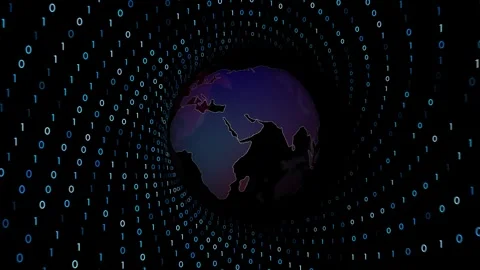 Blue red earth planet inside digital binary code tunnel loop rotation Stock Footage 345523603