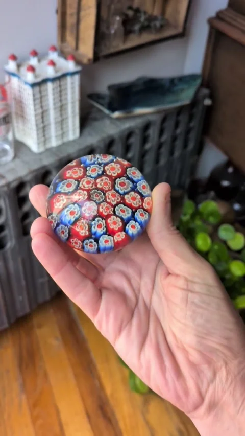 Blue Red Flowers Hand Blown Glass Paperweight, Murano Style Millefiori Glass Stock Footage 344881550