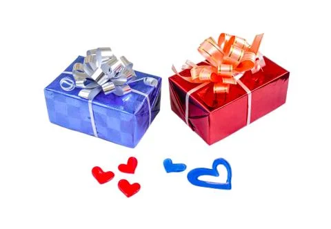 Blue red gift box red blue hearts on white background Stock Photos