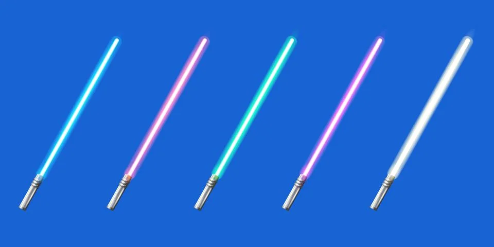 Blue, red, green, pink and yellow laser sword lightsaber set isolated on blue Stock Illustration