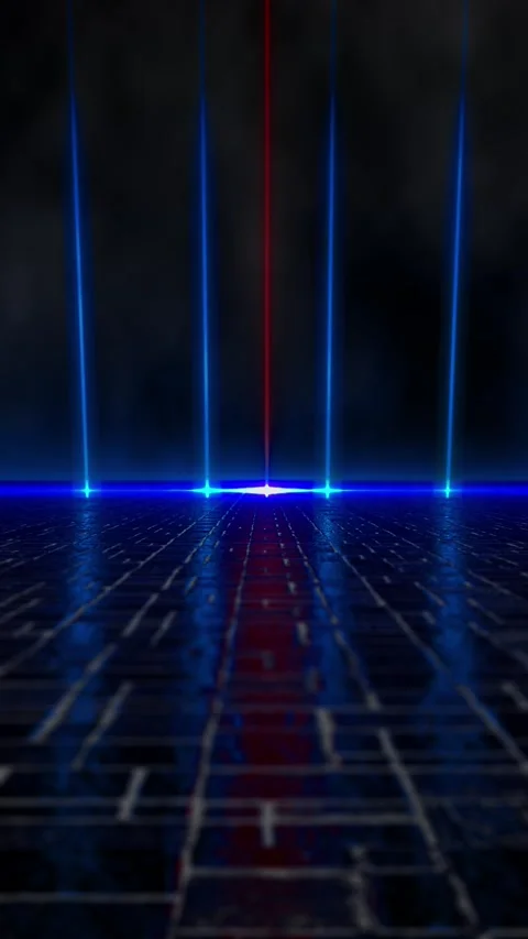 Blue red laser stage vertical glowing beams, reflective digital floor, and dark Video stock 340479537
