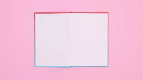 Blue red notebook appear on pastel pink theme and open open. Stop motion Stock-Footage 158856803