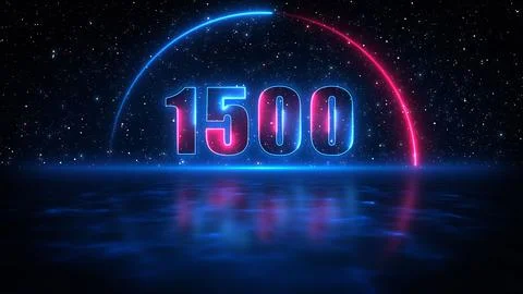 Blue Red Number 1500 In Half Circle Lines Neon Light Reflection On Starry Sky Illustrazione stock