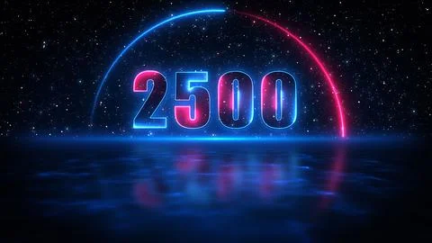 Blue Red Number 2500 In Half Circle Lines Neon Light Reflection On Starry Sky Illustrazione stock