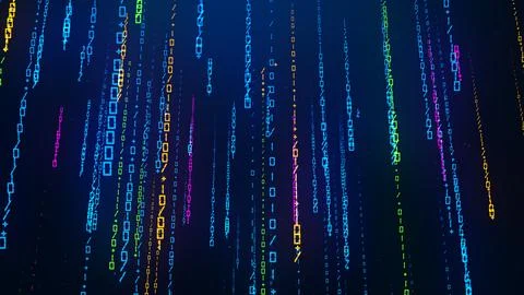 Blue Red Orange Binary Digital Code Particles Matrix Falling Rain Hi-tech Stock Illustration