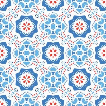 Blue Red Pattern Flower Ornament Stock Illustration