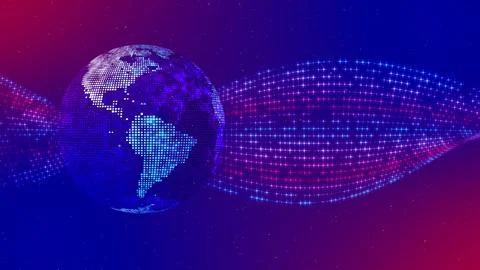 Blue Red Shine Dotted Globe World Map Side Of America On Twisted Star Dots Plane Stock Illustration