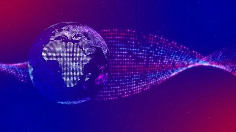 Blue Red Shiny Dots Globe World Map Of Africa Europe On Twisted Star Dots Plane Stock Illustration
