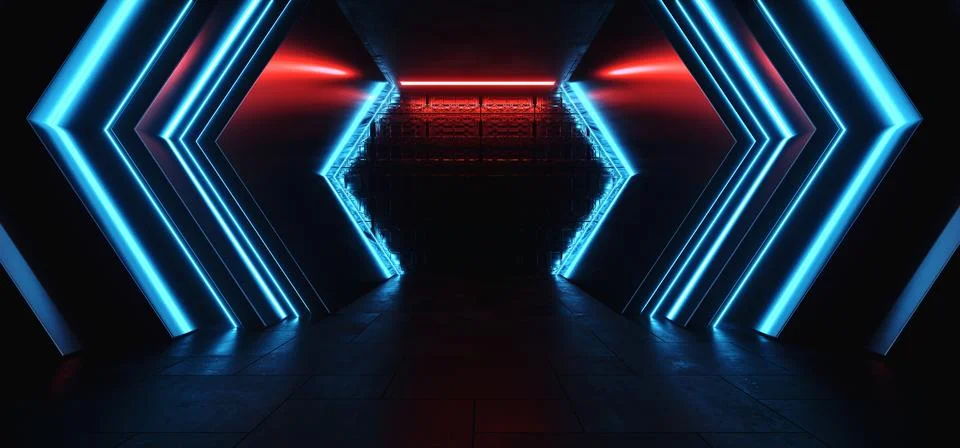 Blue Red Vibrant Lights Sci Fi Modern Clean Spaceship Cyber Hi Tech Showroo.. Illustrazione stock