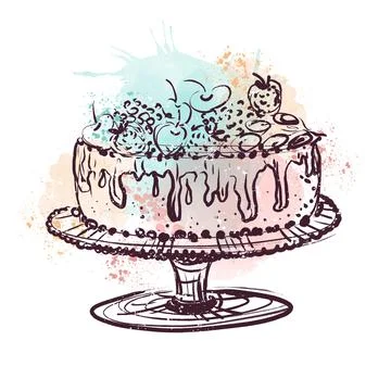 Blue, red wedding cake on a white background, hand-drawn sketch. Stock Illustration