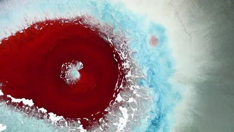Blue red white inks explosion macro. Vortex with the center. Liquid marble Stock Footage 156433061