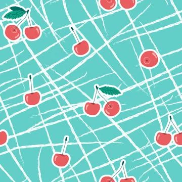 Blue red white seamless patterns of cherries. Vector summer illustration Stock Illustration