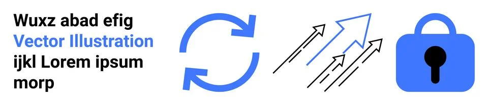 Blue refresh arrows, ascending arrows, and a lock represent synchronization,  Stock Illustration