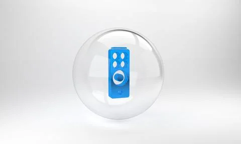 Blue Remote control icon isolated on grey background. Glass circle button. 3D Stock Illustration