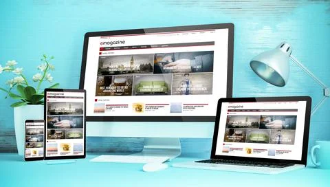 Blue responsive desktop with devices showing responsive magazine website Stock Illustration