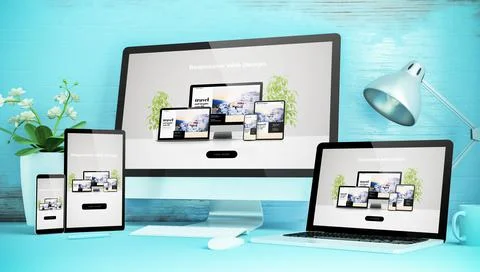 Blue responsive desktop with devices showing responsive website Stock Illustration