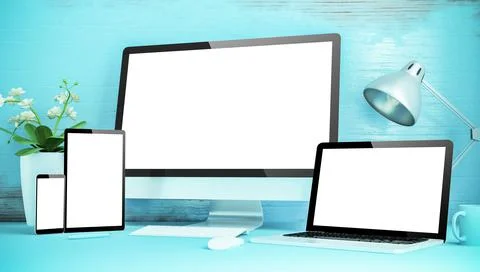 Blue responsive desktop mockup with devices Stock Illustration