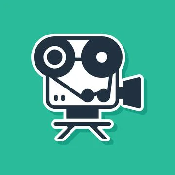 Blue Retro cinema camera icon isolated on green background. Video camera. Movie 스톡 일러스트