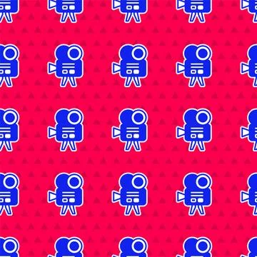 Blue Retro cinema camera icon isolated seamless pattern on red background. .. 库存插图