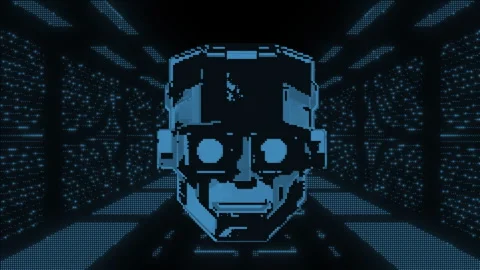 Blue retro computer game screensaver loop. Robot head flying through cyberspace Stock Footage 270370700