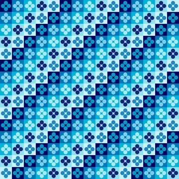 Blue Retro Floral Checkered Pattern - Abstract Seamless Geometric Flowers Stock Illustration