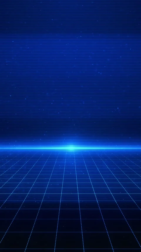Blue retro grid horizon glowing floor lines, star particles, scan texture, and b Stock Footage 340528196