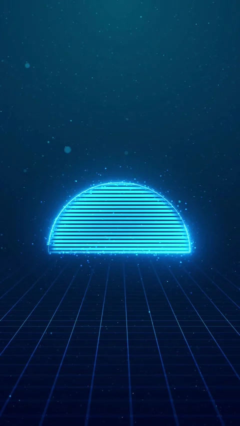 Blue retro sun grid background glowing half circle, horizontal neon stripes, par Stock Footage 340524904