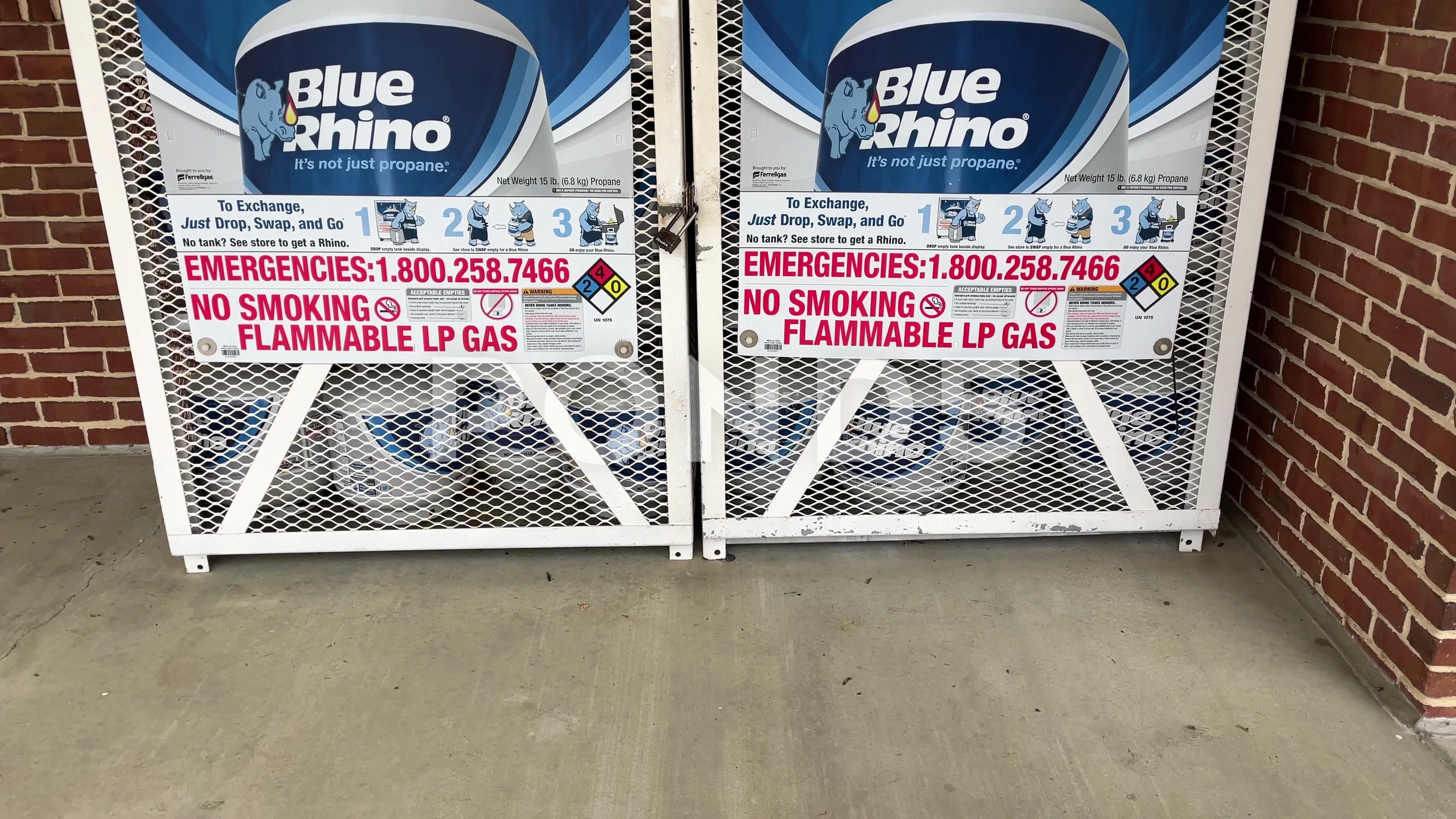 A Blue Rhino Propane tank cage exterior of a building