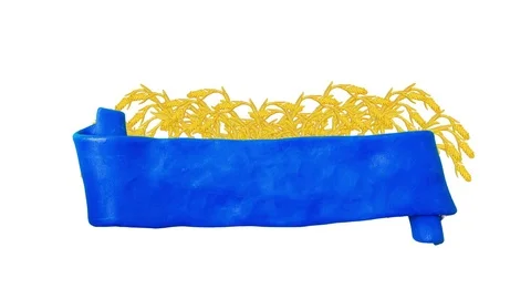 Blue ribbon with Plasticine wheat. Background for farm. Alpha matte. Clay Video stock 74900326