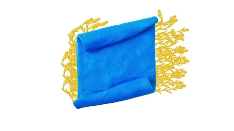 Blue ribbon with Plasticine wheat. Background for farm. Alpha matte. Clay Vídeo Stock 74900672